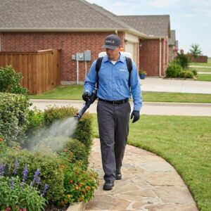 WING 8 technician applying mosquito treatment around residential landscaping in North Texas.