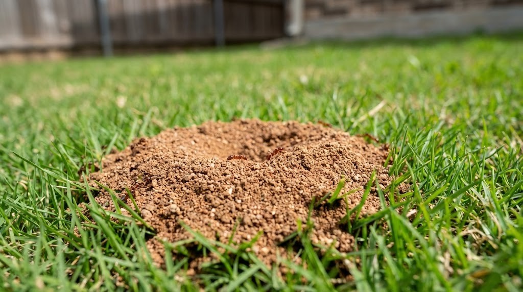 fire ant mound forming in residential lawn early spring North Texas