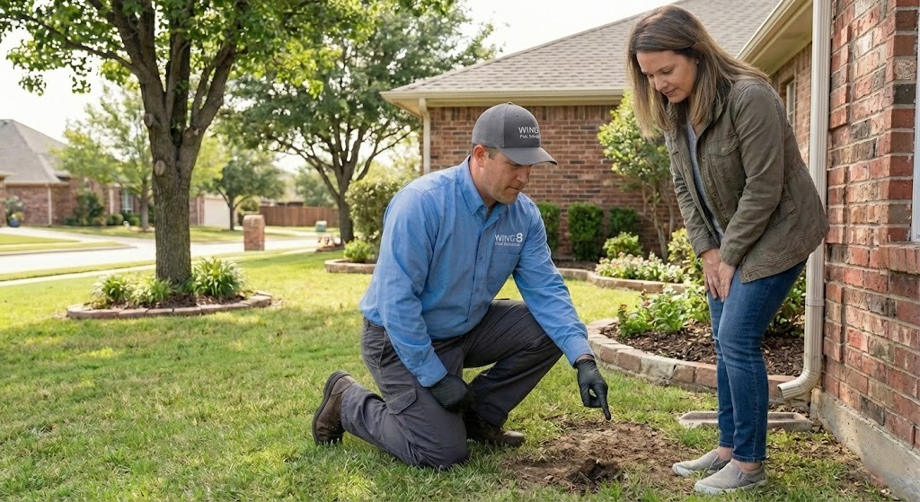 professional pest control inspection early spring north texas home exterior