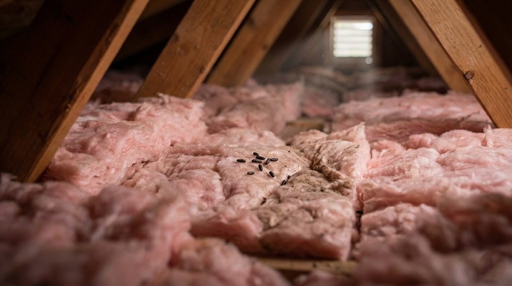 Rodent droppings on attic insulation in North Texas home indicating early pest activity