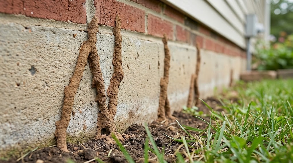 termite mud tubes on foundation wall early spring north texas home