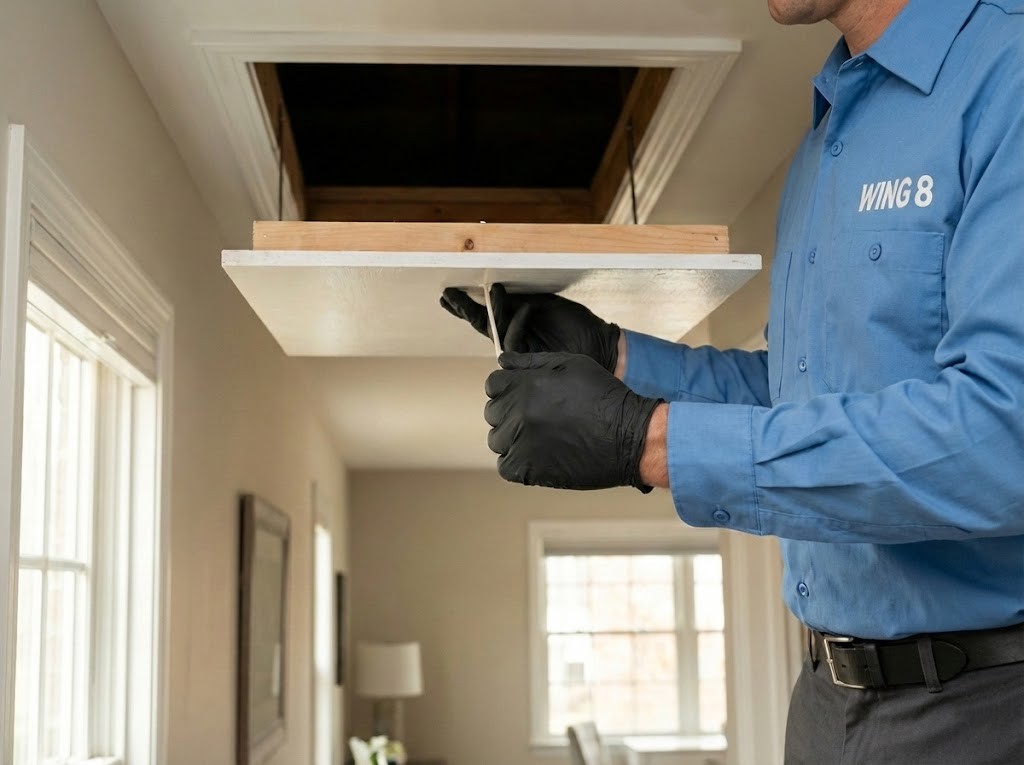 WING 8 technician opening attic access to inspect for rodent activity