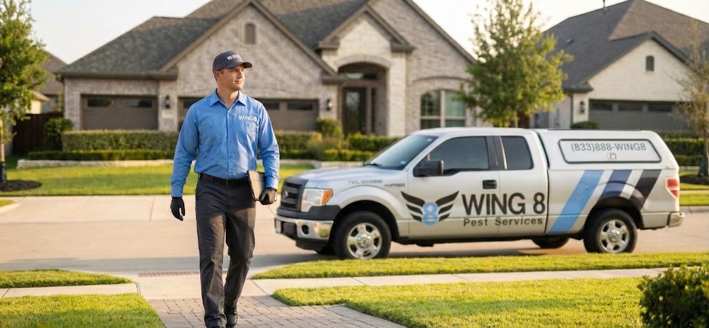 WING 8 technician walking toward home for pest inspection in Forney Texas