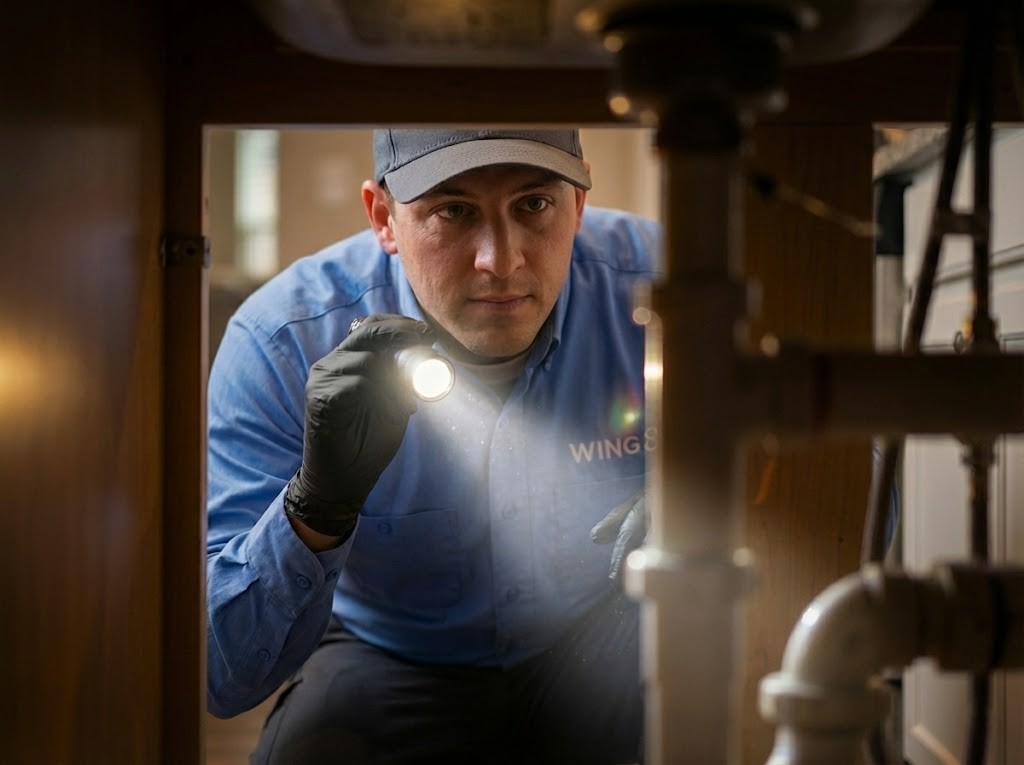 WING 8 technician inspecting interior area for signs of rodent activity